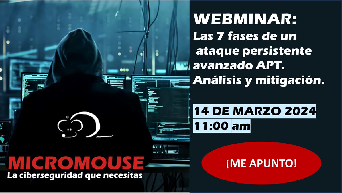 MicromouseTT's tweet photo. 📅 14 de marzo 🕚 11:00 am

Vamos a contarte cómo podemos ayudarte con nuestras #tecnologías ante un ataque #APT en cada una de sus fases. ¡¡No te lo pierdas!!
#tecnología #ciberseguridad 
https://t.co/FWsp2DOHAX https://t.co/GHAvdO4xy4