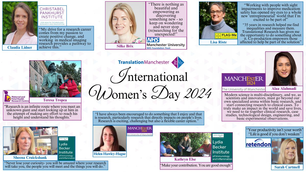 Celebrating our successful women/translational researchers by sharing what encourages them/their advice to women in research. We're thankful for their invaluable contributions! @DrCLindner @LisaRiste @BrixSilke @Dr_AlaaAlahmadi @sespops @kathelse @DrHawleyHague @sheencr #IWD2024