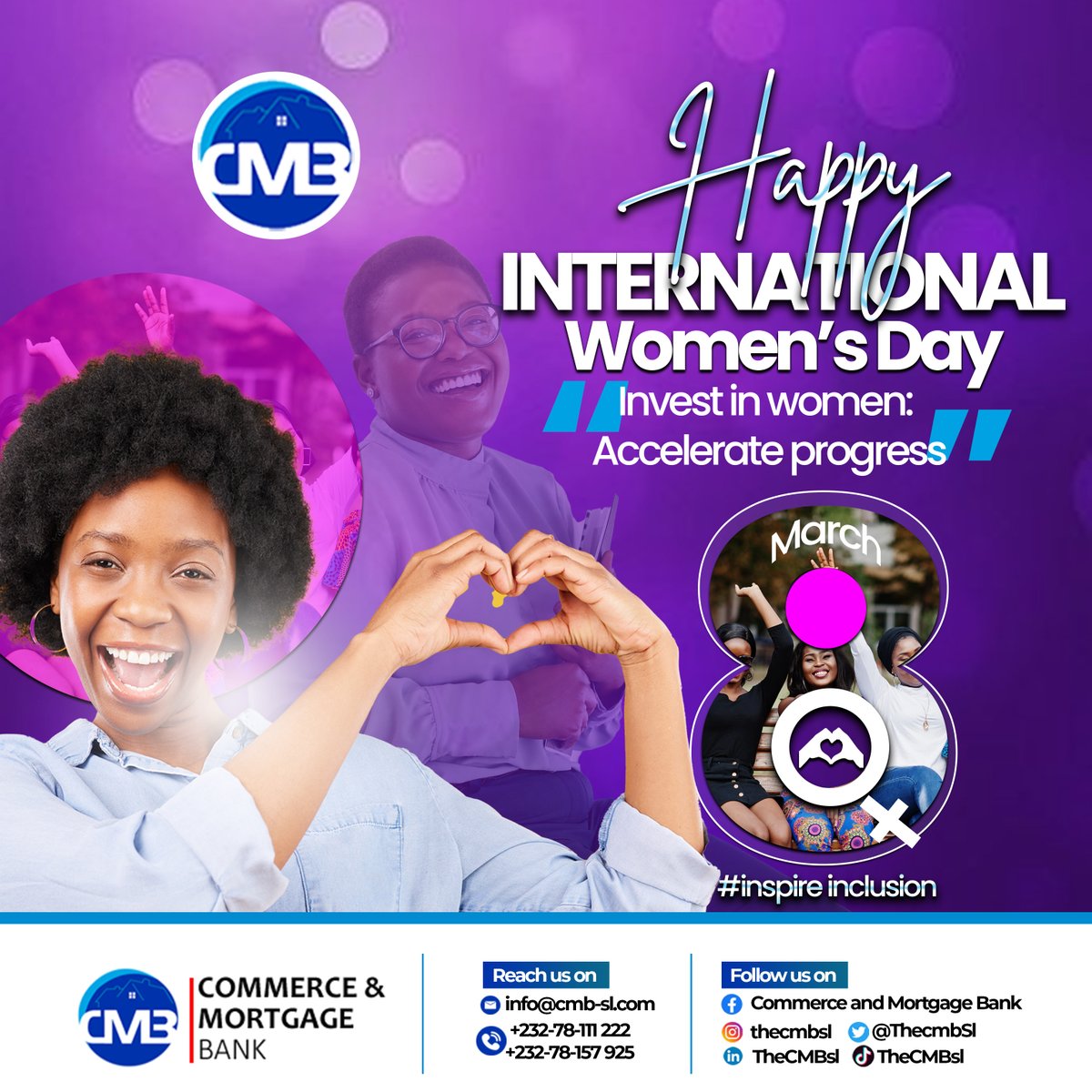 ThecmbSl's tweet photo. Today we celebrate our fearless Women who have worked hard to make this world a better place.
Happy #IWD2024 to all Strong and Powerful Woman.

Theme:  Invest in Women,  Accelerate Progress
 
#theCMBsl #IWD2024  #WomensDay #womensupportingwomen #AccelerateProgress #saloneX https://t.co/9Hx8I4Qsb8