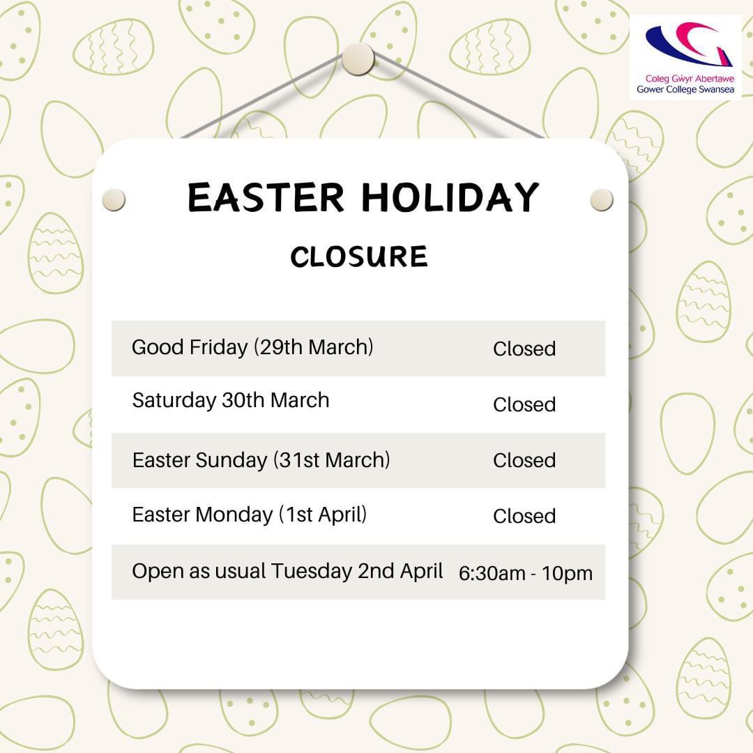SportsCentreGCS's tweet photo. Easter Holiday Closure 🐰

Our doors will be closed over Easter Weekend, please see below for more information ⏰

We hope you all have a lovely break 🐣

#easter #eastersunday #easterclosure #EasterWeekend2024 @GowerCollegeSwa https://t.co/UUePKYaIsQ