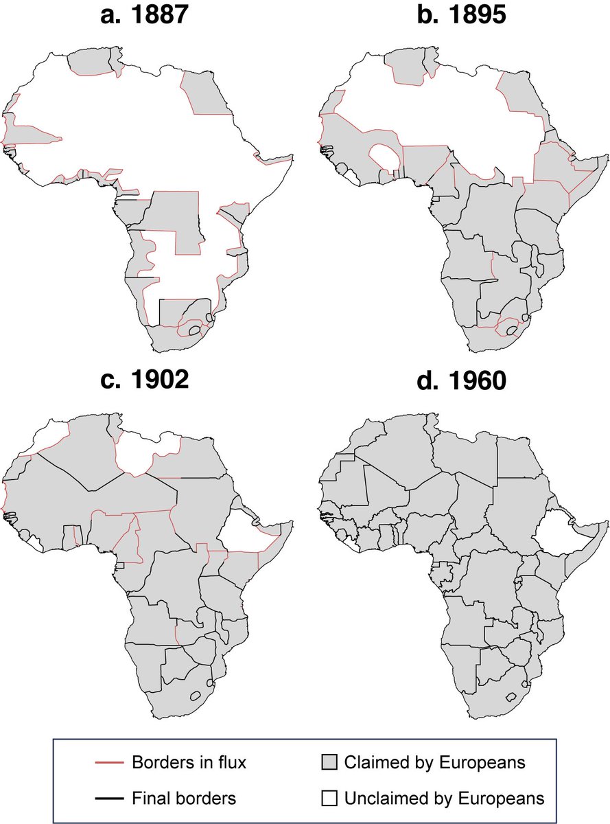 rhaplord's tweet photo. excellent paper by  @ricarthuguet 

an estimated 62% of Africa's borders were determined by pre-colonial borders/frontiers between African kingdoms 

the notion that African borders are largely arbitrary/straight-lines is mostly false 
https://t.co/lOOr1fJ4e8 https://t.co/M6WXJj0nny