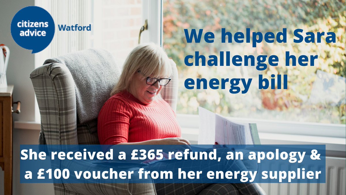 WatfordCAB's tweet photo. Received an unexpected energy bill?

Our adviser helped Sara challenge her energy bill and got a great result 👇

Can we help you?
#heretohelp #supportingwatford @citizensadvice https://t.co/feH3DVjN6u