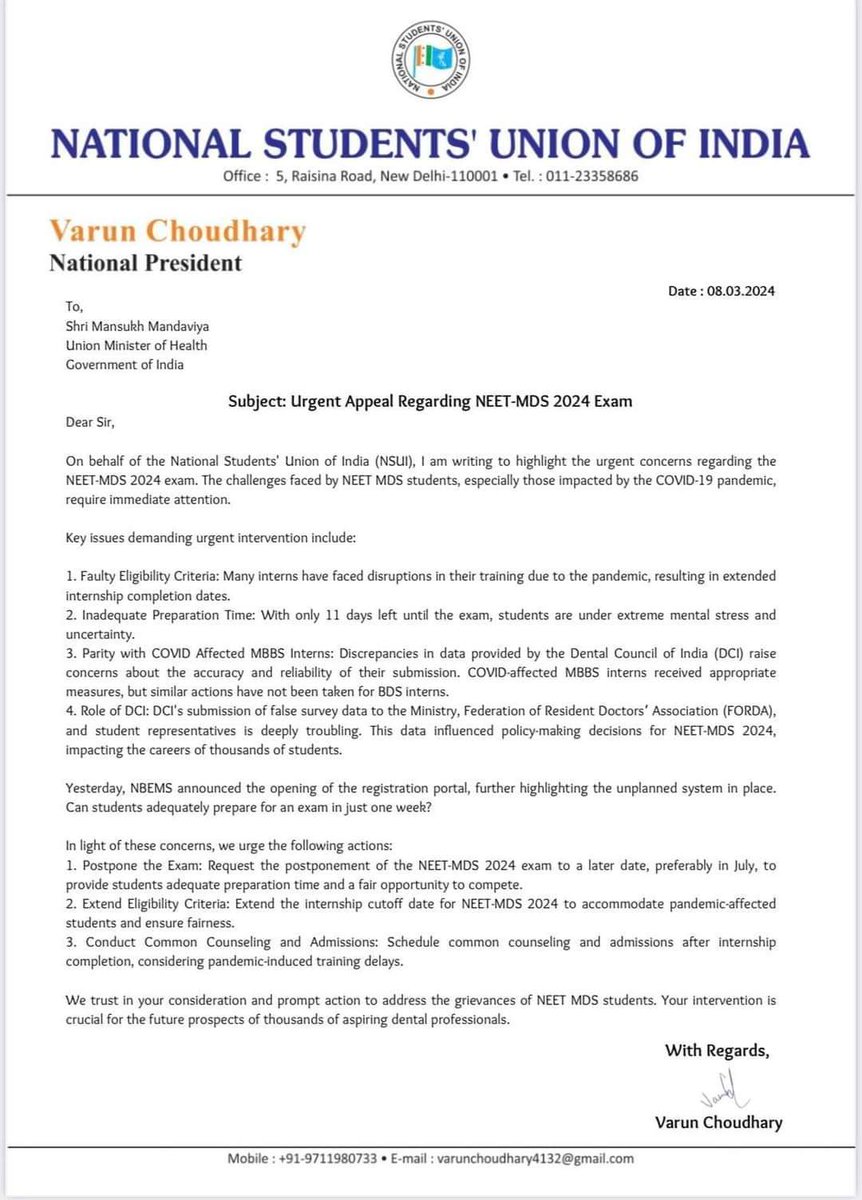 Ravipaswan0326's tweet photo. Shri @mansukhmandviya

National Students' Union of India (नेशनल स्टूडेंट्स यूनियन ऑफ इंडिया) urges your immediate attention to the pressing issues surrounding the  #NeetMDS2024 exam. 

Students are facing unprecedented challenges, demanding @MoHFW_INDIA urgent intervention. https://t.co/R5ouMymFNh