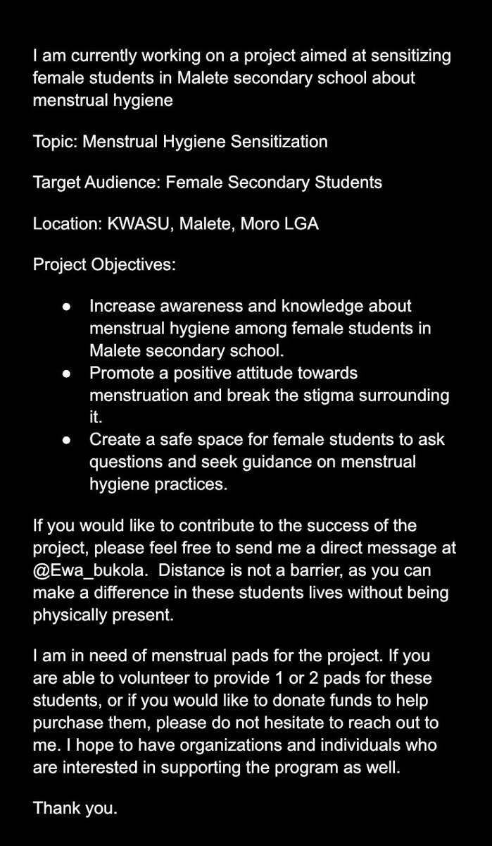Empower girls, break the stigma - join me in supporting menstrual hygiene education for female students in Malete secondary school. Let's make a difference together. #MenstruationMatters #EmpowerGirls #IWD2024 

If you see this, please share and tell someone about my project. 🙏