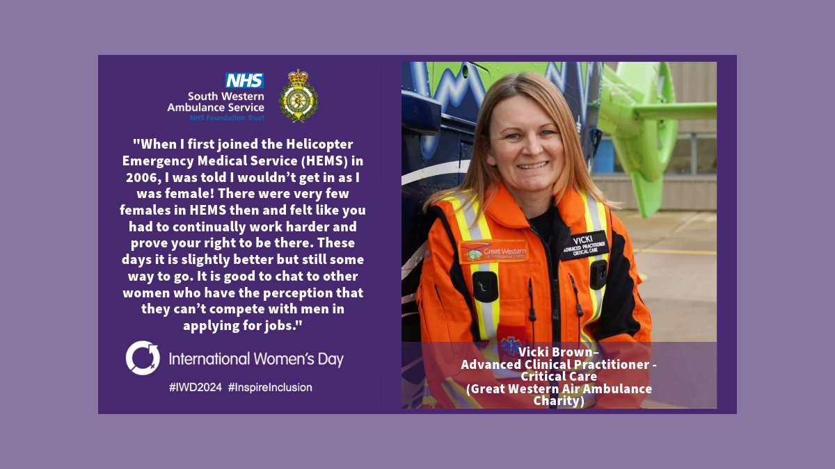 South Western Ambulance Service (@swasft) on Twitter photo This International Women's Day, we #InspireInclusion by celebrating the women we work alongside. Today we will be sharing their stories as members of #TeamSWASFT โ starting with Vicki. ๐
Read more about her story here ๐ฝ swast.nhs.uk/news/south-wesโฆ
#IWD2024 <a href="/GWAAC/">Great Western Air Ambulance Charity</a> This International Women's Day, we #InspireInclusion by celebrating the women we work alongside. Today we will be sharing their stories as members of #TeamSWASFT โ starting with Vicki. ๐
Read more about her story here ๐ฝ swast.nhs.uk/news/south-wesโฆ
#IWD2024 <a href="/GWAAC/">Great Western Air Ambulance Charity</a>
