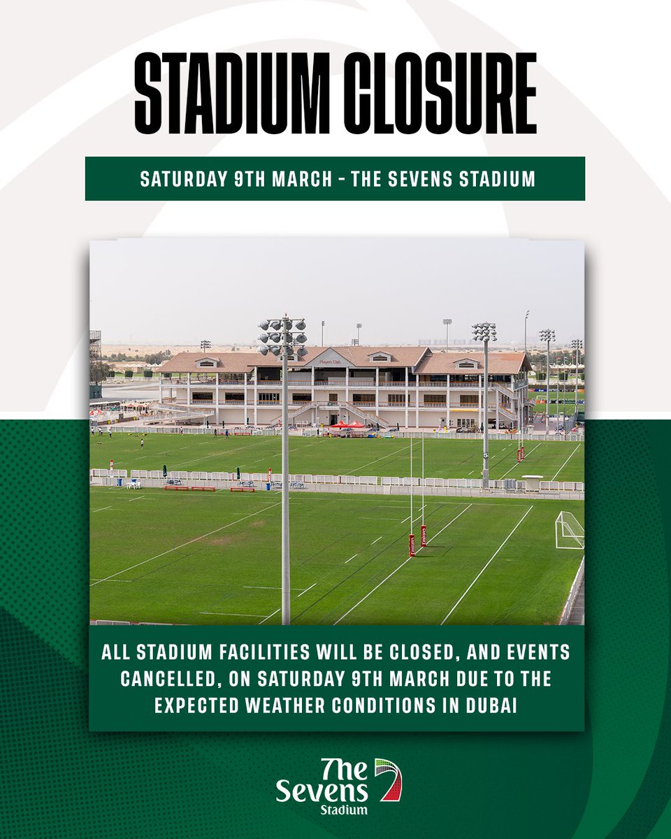 All stadium facilities will be closed, and events cancelled, on Saturday 9th March due to the expected weather conditions in Dubai 🌧️ ☔ ⛈️ 

#thesevensstadium #sportsvenue #dubaiweather