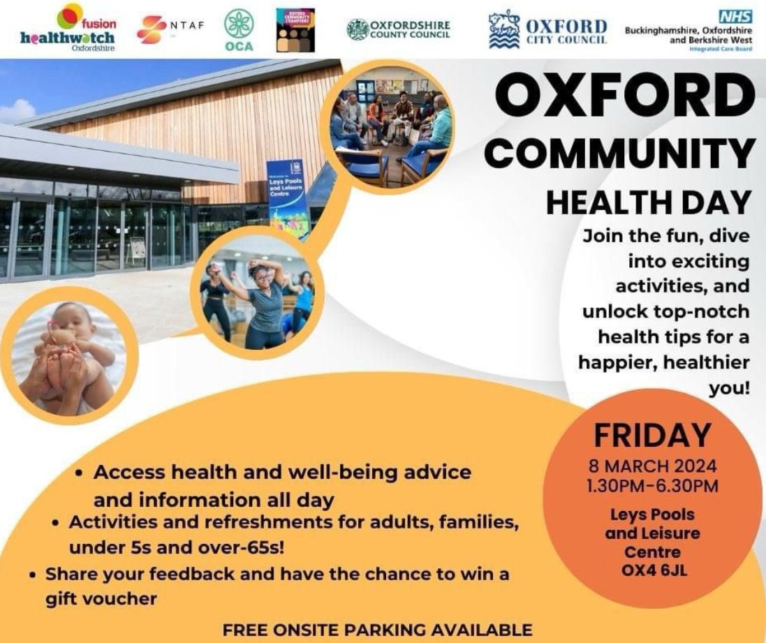Join us today at the Oxford Community Health Day! Come down to Leys Pools and Leisure Centre 1:30-6:30pm and get some health advice, information and some fun for all the family!