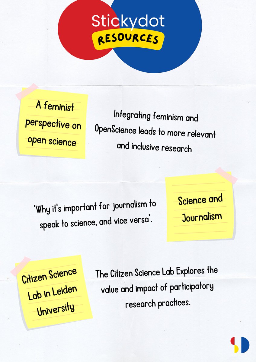 🔴🟡🔵 Time for another edition of #StickydotResources! This week, 1️⃣ A #Feminist approach to #OpenScience. 2️⃣ The importance of collaboration between #science and #journalism. 3️⃣ @CitSciLab's vision of #CitizenScience. Check them out 👇🧵 #scicomm