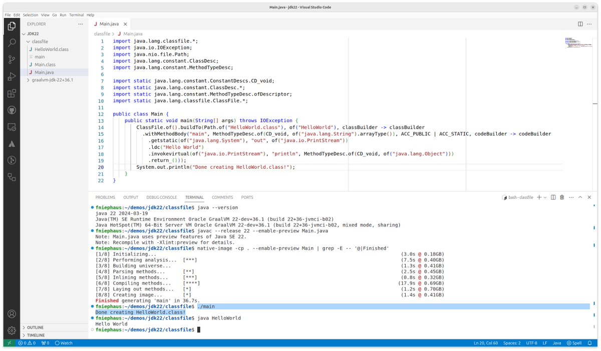 It's quite wild that @GraalVM Native Image can turn an application using the new Class-File API (JEP 457) into an executable, which then generates a valid class file that runs on HotSpot! 🤯🤓 Here's @jag_hamilton's example code I used for this: github.com/mrjameshamilto…