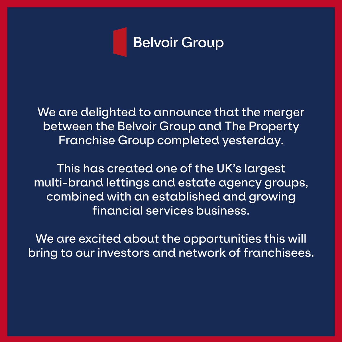 🌟Company Update 🌟

It's the beginning of an exciting new chapter for the Belvoir Group 🙌📔

#merger #TPFG #belvoirgroup #ThePropertyFranchiseGroup #update #announcement