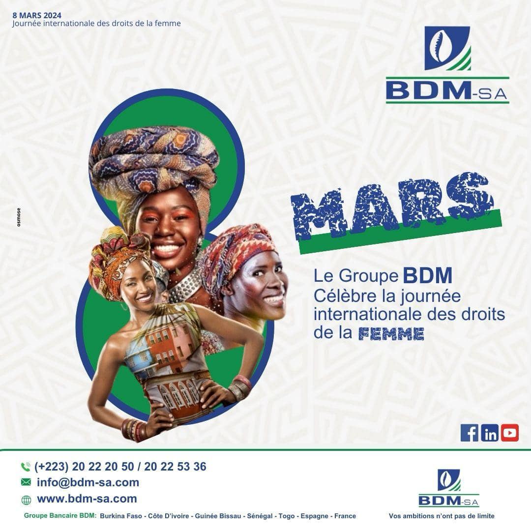 🔵🟢La BDM-SA CÉLÈBRE LES FEMMES🔵🟢08 Mars 2024🫶🏼🎀
La Banque de Développement du Mali souhaite une belle célébration de la journée internationale des droits de la femme à toutes les femmes du Mali en particulier et à toutes les femmes du monde en général.
#BdmHappyTime
#08mars