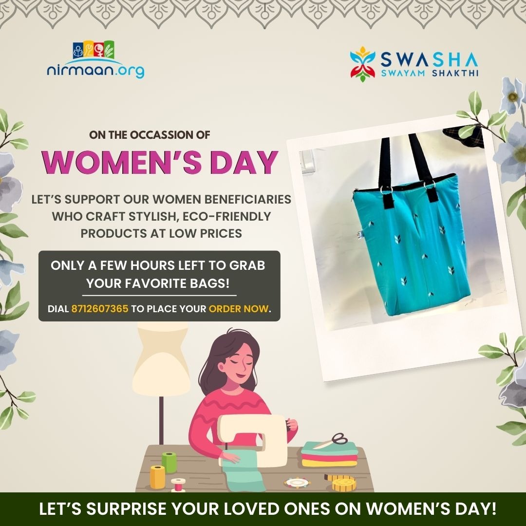 kesaniuma's tweet photo. #NirmaanCommunicationsUpdate (posted by Comms Team)
On this women’s day, let’s support our women beneficiaries who craft stylish, eco-friendly products at low prices.
Hurry up! Only a ‘FEW HOURS LEFT’ to grab your favorite bags at jaw-dropping prices.
Dial 8712607365 . https://t.co/UzqJl32Xvc