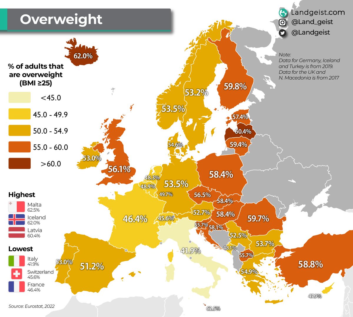 Share of adults in #Europe that are overweight. Full article: landgeist.com/2024/03/16/ove… #maps #GIS #dataviz #GeoSpatial #Spatial