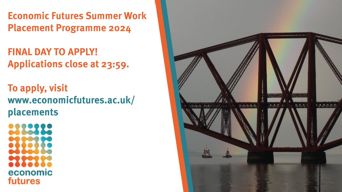 🚨 FINAL DAY TO APPLY This is your final day to apply for this year's Economic Futures Summer Work Placement Programme. Applications close at 23:59. For more information and to apply visit economicfutures.ac.uk/placements