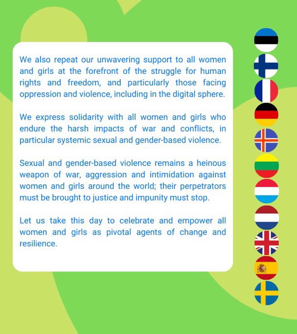 Women and girls are pivotal agents of change and resilience! Let us celebrate and empower them, today and everyday! ⬇️Joint Statement of European Human Rights and Gender Ambassadors #InternationalWomensDay  #InvestInWomen @DutchMFA