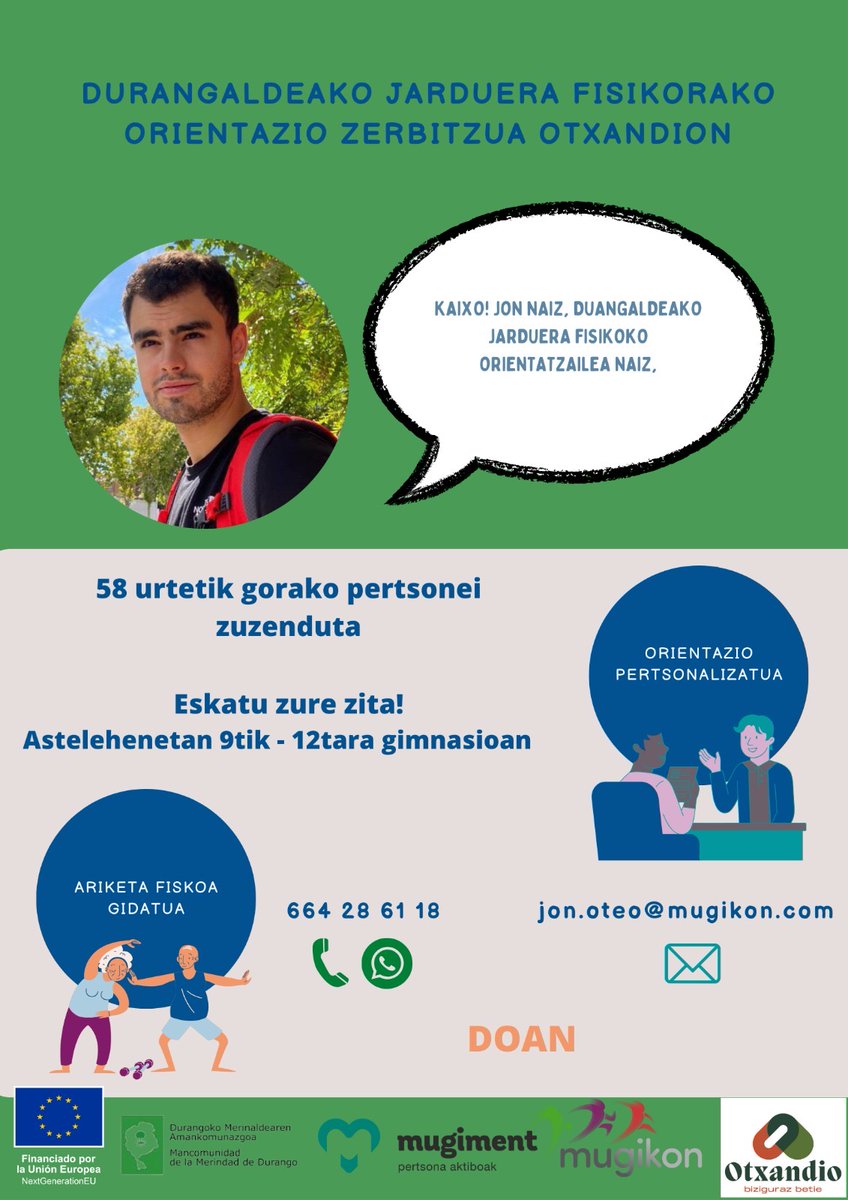 🔴(eu) #MobiDurangaldea-ko #JardueraFisikoa-ren #OrientazioZerbitzua #Otxandio-n ere martxan da. 
🔵(es) El #ServicioDeOrientación de #ActividadFísica de MobiDurangaldea también ofrece servicio en #Ochandiano. 
#PertsonaAktiboak