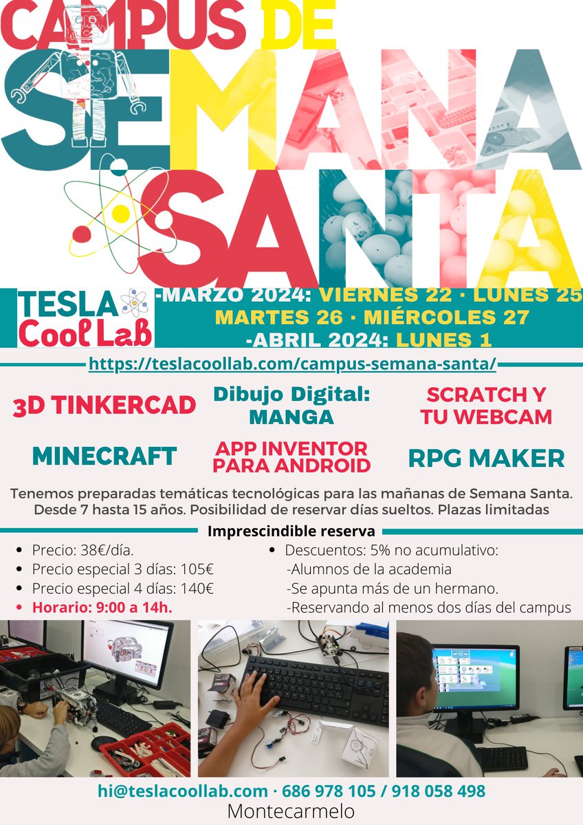 Planes para semana santa!!!!
#montecarmelo #robótica #videojuegos  #dibujoDigital #planesparaniños

teslacoollab.com/campus-semana-…