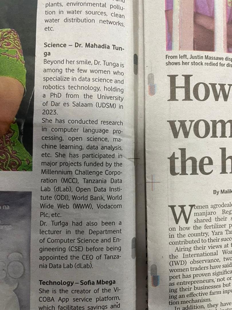 Happy International Women's Day! 

I am so happy to be featured in today's @TheCitizenTz  newspaper, highlighting my work and contribution as a scientist.

Grab your copy! 

#IWD2024 #WomenInDataScience