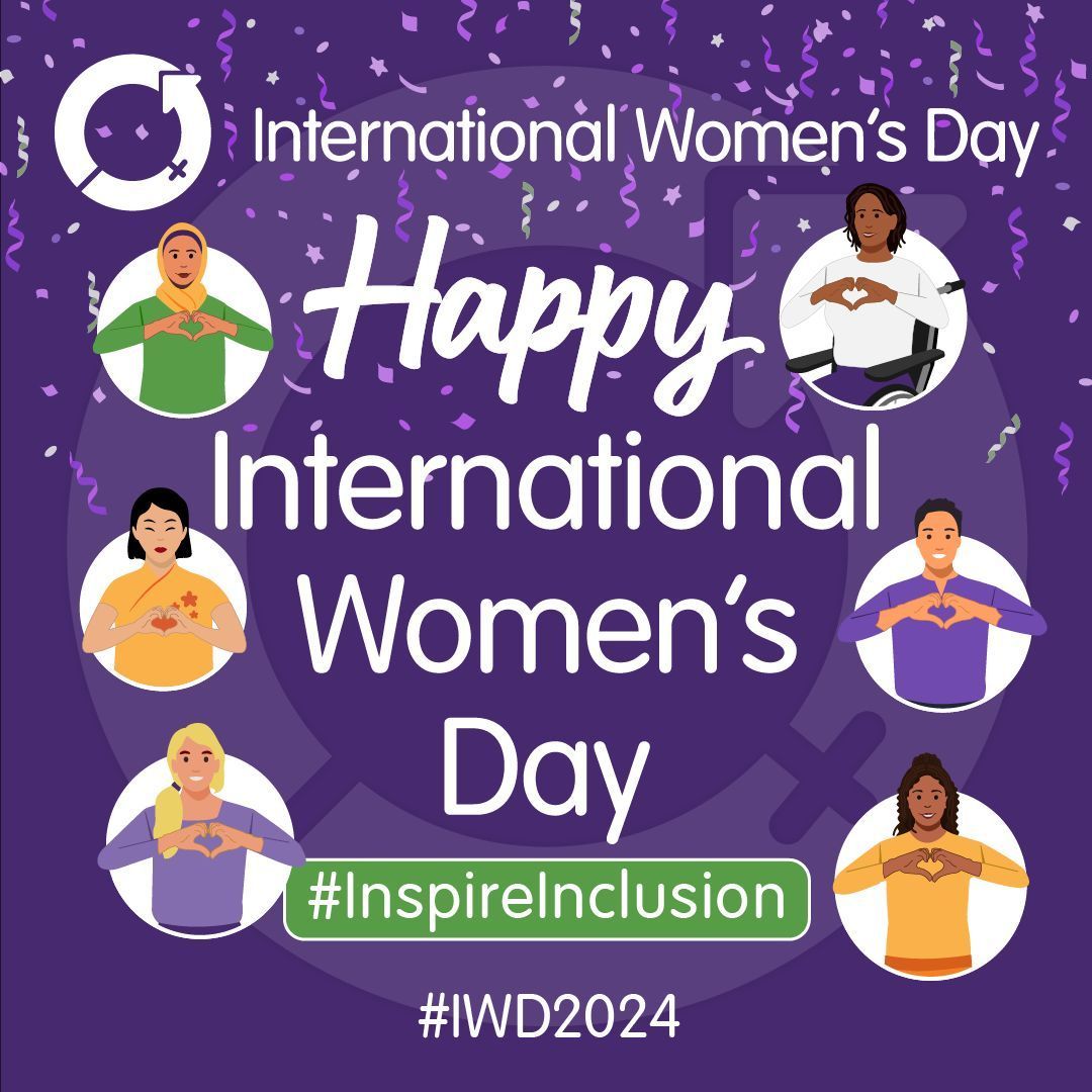 🥳 It's International Women's Day 🫶 💜 The theme for #IWD2024 is #InspireInclusion. When we inspire others to understand and value women's inclusion, we forge a better world. ♀️ When women are inspired to be included, there's a sense of belonging, relevance, and empowerment.