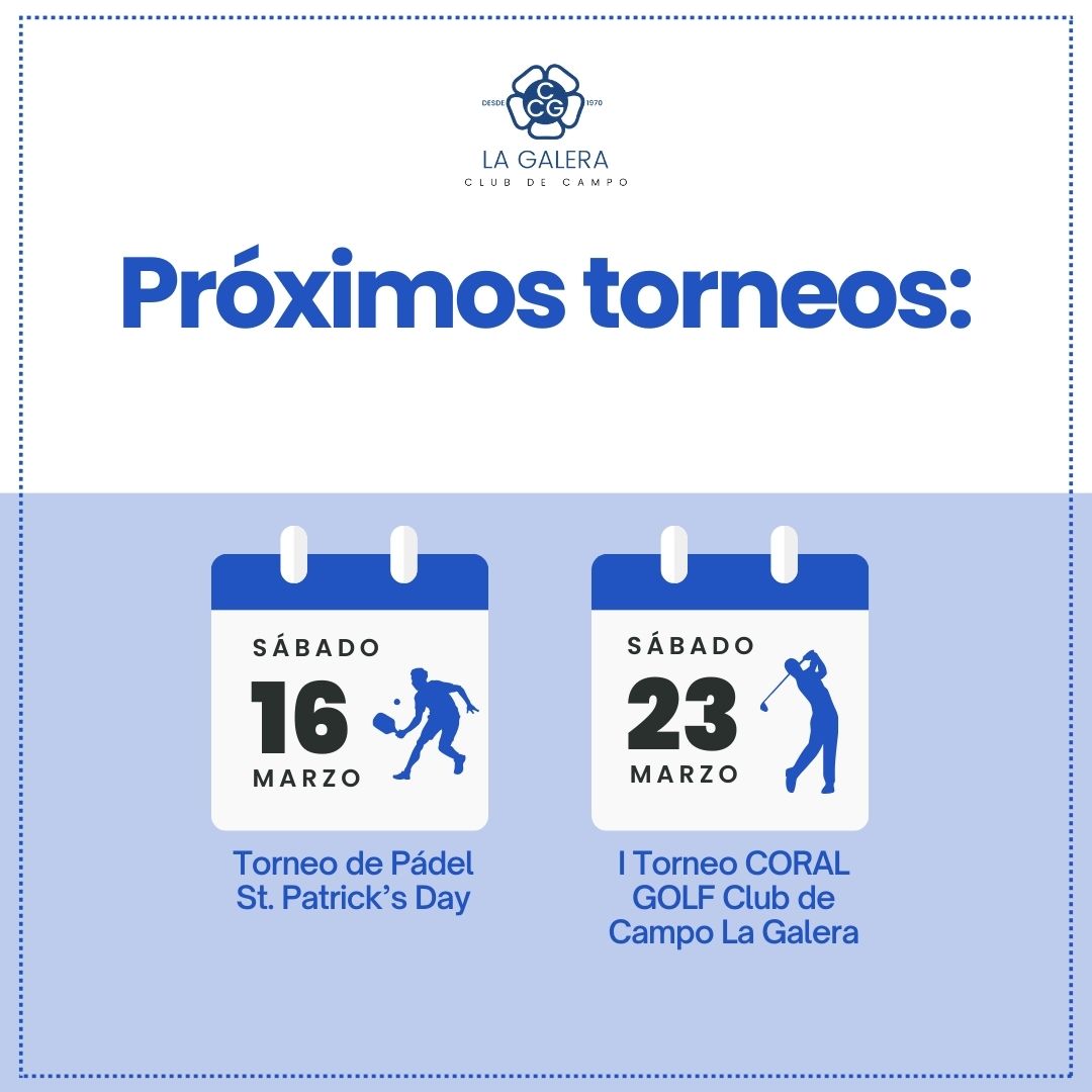 ccLagalera's tweet photo. "🎾🏌️ ¡Prepárate para la acción deportiva! 🏆 Marca en tu calendario dos fechas: el torneo de Pádel St. Patricks´s day que es el 16 de marzo y el I Torneo Coral Golf Club de Campo La Galera que será el 23 de marzo. https://t.co/brM1Ytm33b