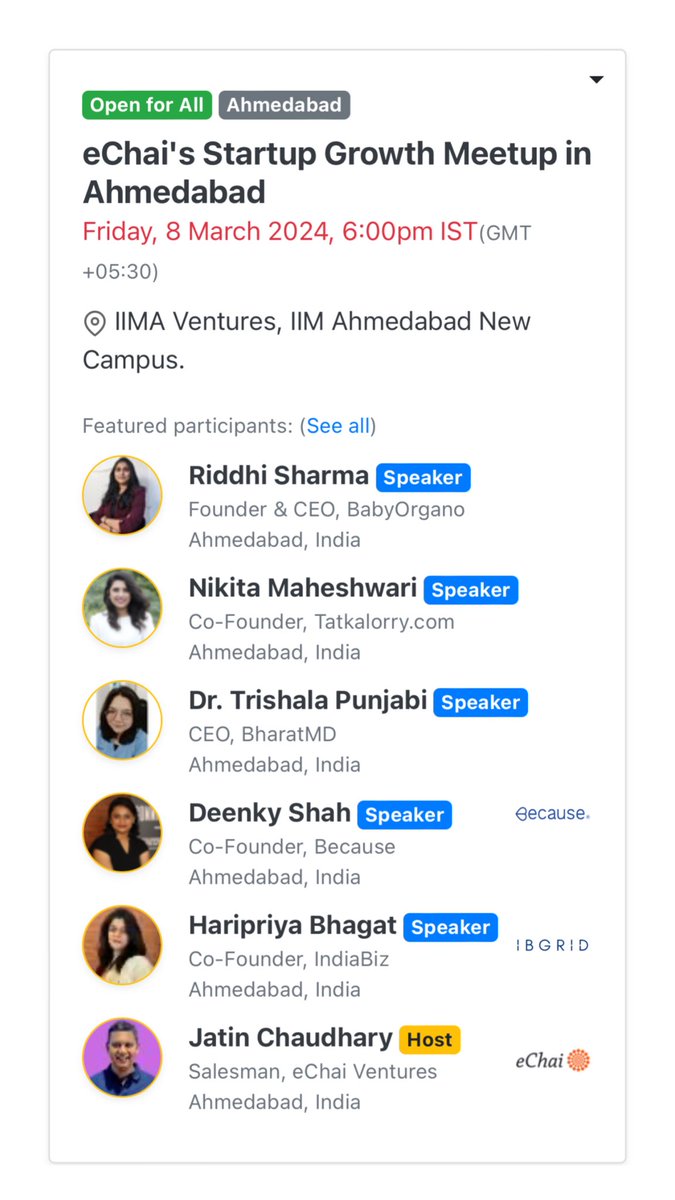 jatin10's tweet photo. I’ll be hosting this fab panel with Nikita Maheshwari, Haripriya Bhagat, Riddhi Sharma, Deenky Shah and Dr. Trishala Punjabi today evening at IIMA Ventures. 

Free registration at https://t.co/mkRNla064b https://t.co/YEHYNpqBW7