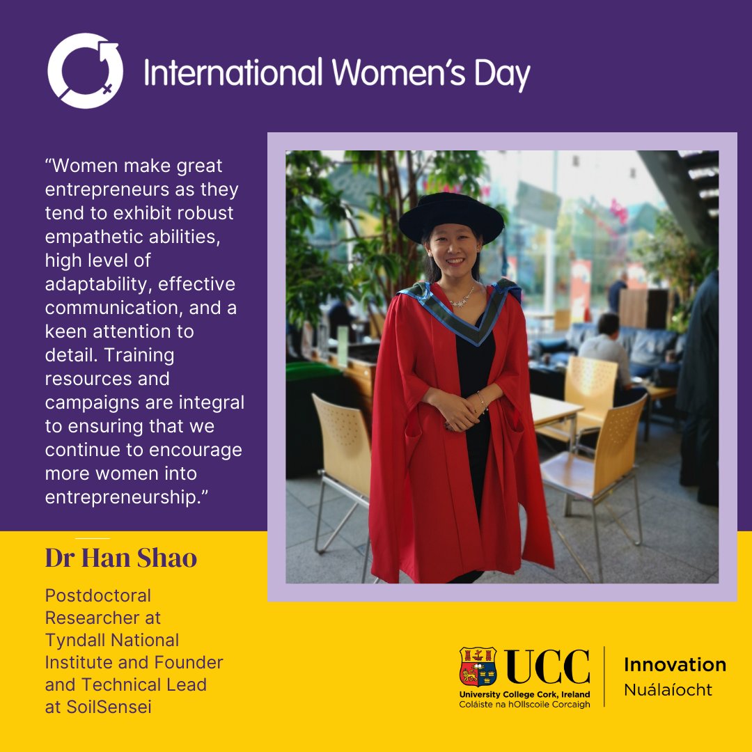 As we celebrate #IWD2024, UCC Innovation are proud to showcase some of the many women within our innovation ecosystem who #InspireInclusion. First up, we speak with @Hanshao0320, Postdoc Researcher @TyndallInstitut & Founder & Technical Lead at SoilSensei: bit.ly/3Ir9sbc