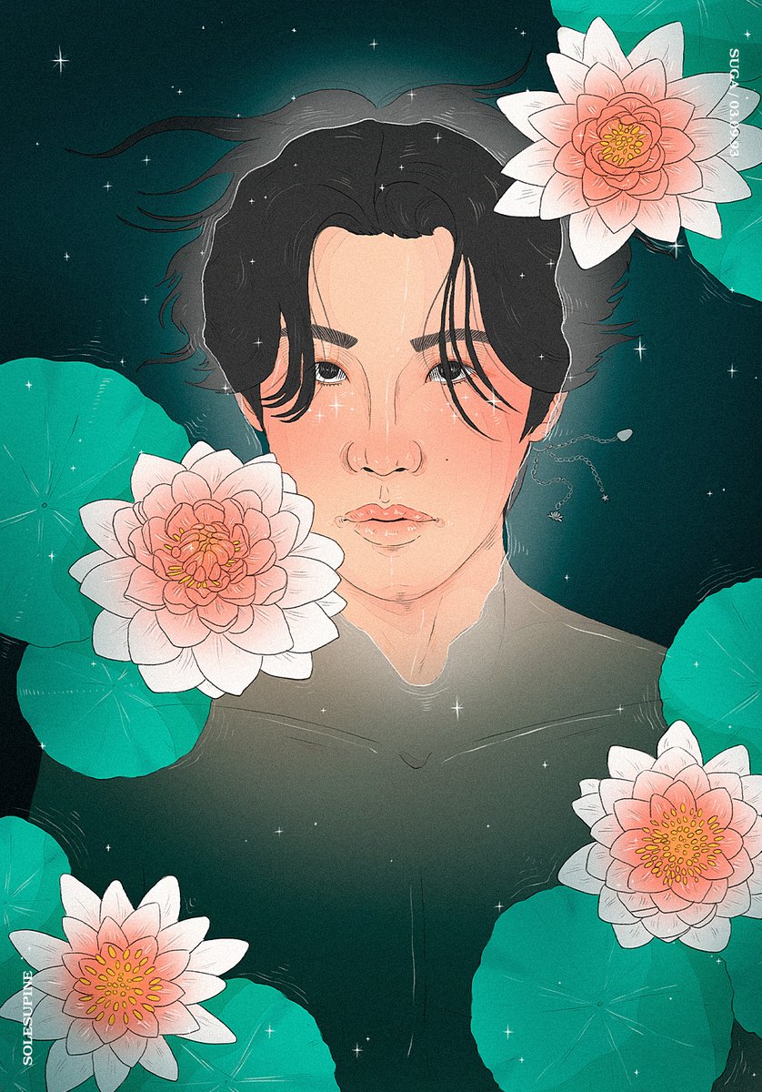 solo flower black hair 1boy partially submerged male focus white flower  illustration images