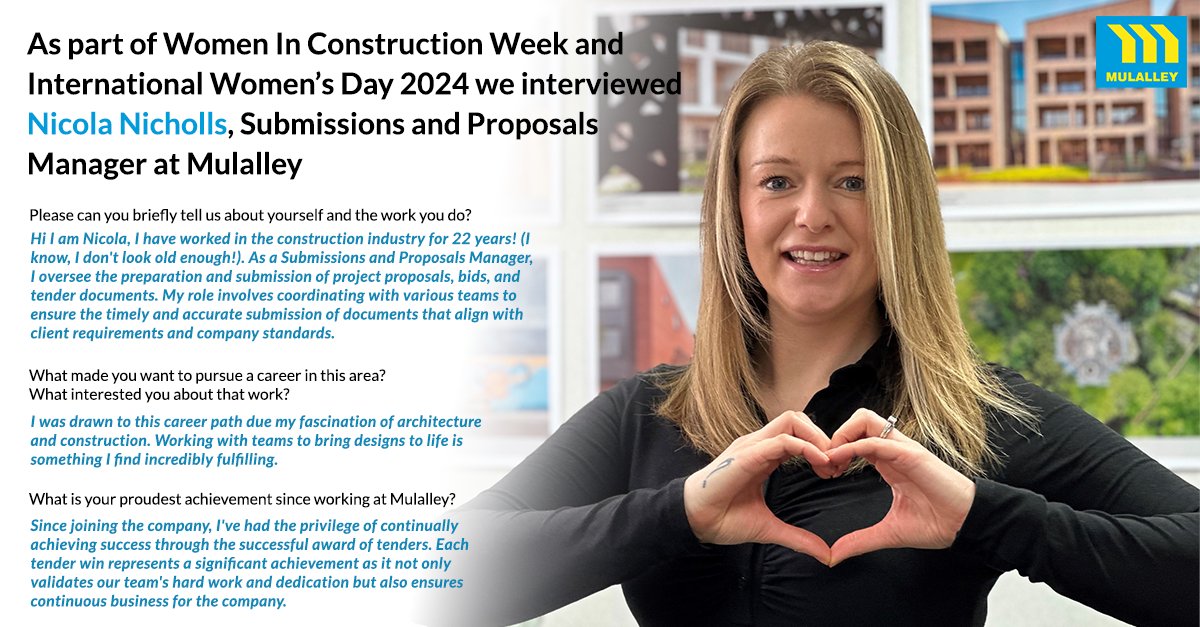 Todays is #internationalwomensday2024 as well as the final day of Women In Construction week, and what better way to start the day than with an interview with Nicola Nicholls, Submissions and Proposals Manager at Mulalley