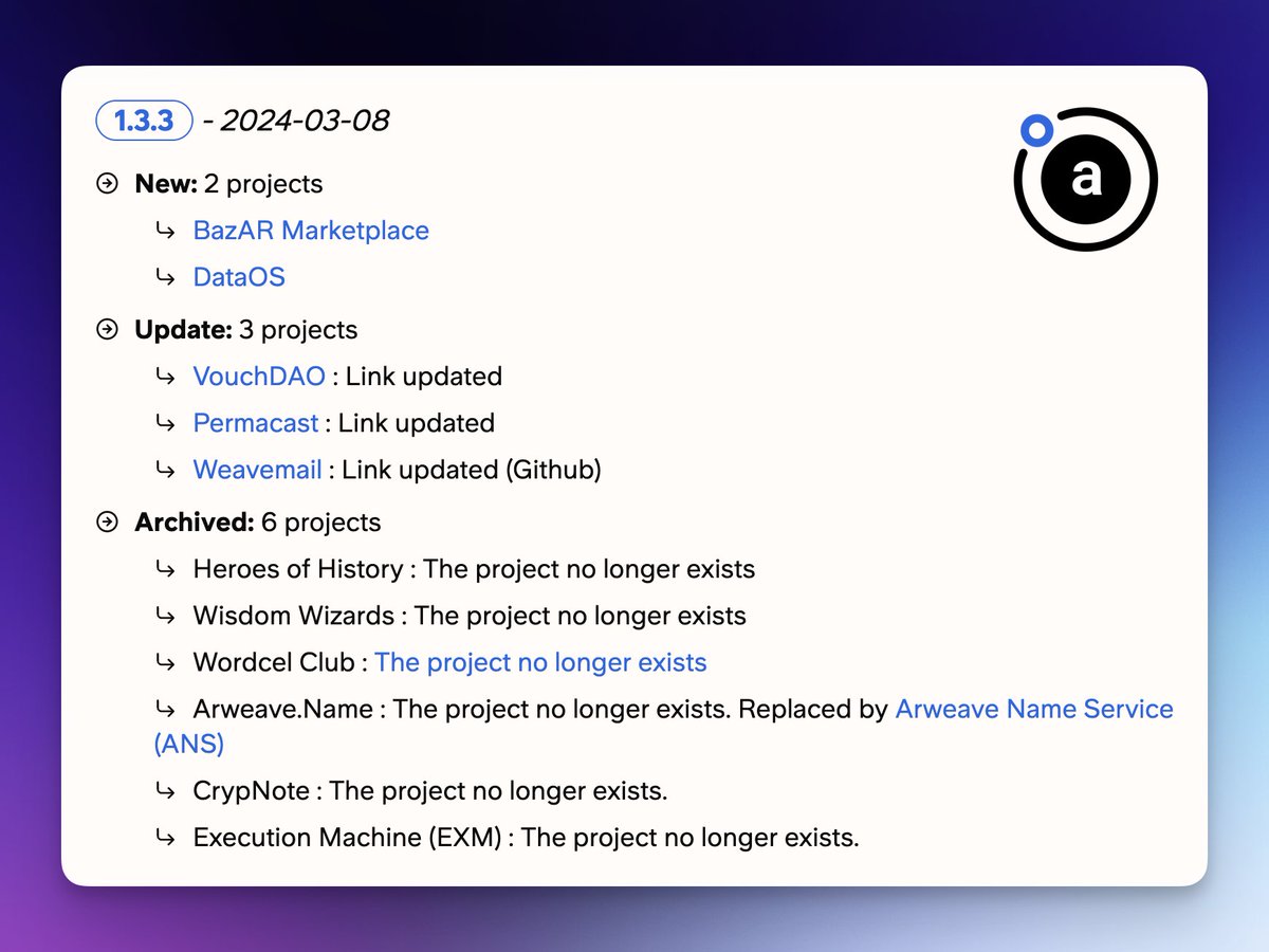 weavescan's tweet photo. #Arweave Ecosystem List Updated ! 

Added: 2 projects
@TheDataOS , @OurBazAR 

Updated: 3 projects
@vouchdao, Weavemail &amp; @permacastapp 

Archived: 6 projects

This is probably the part of the list we don't like to touch, but like all ecossytems, it happens : https://t.co/ug2hc6FmfI