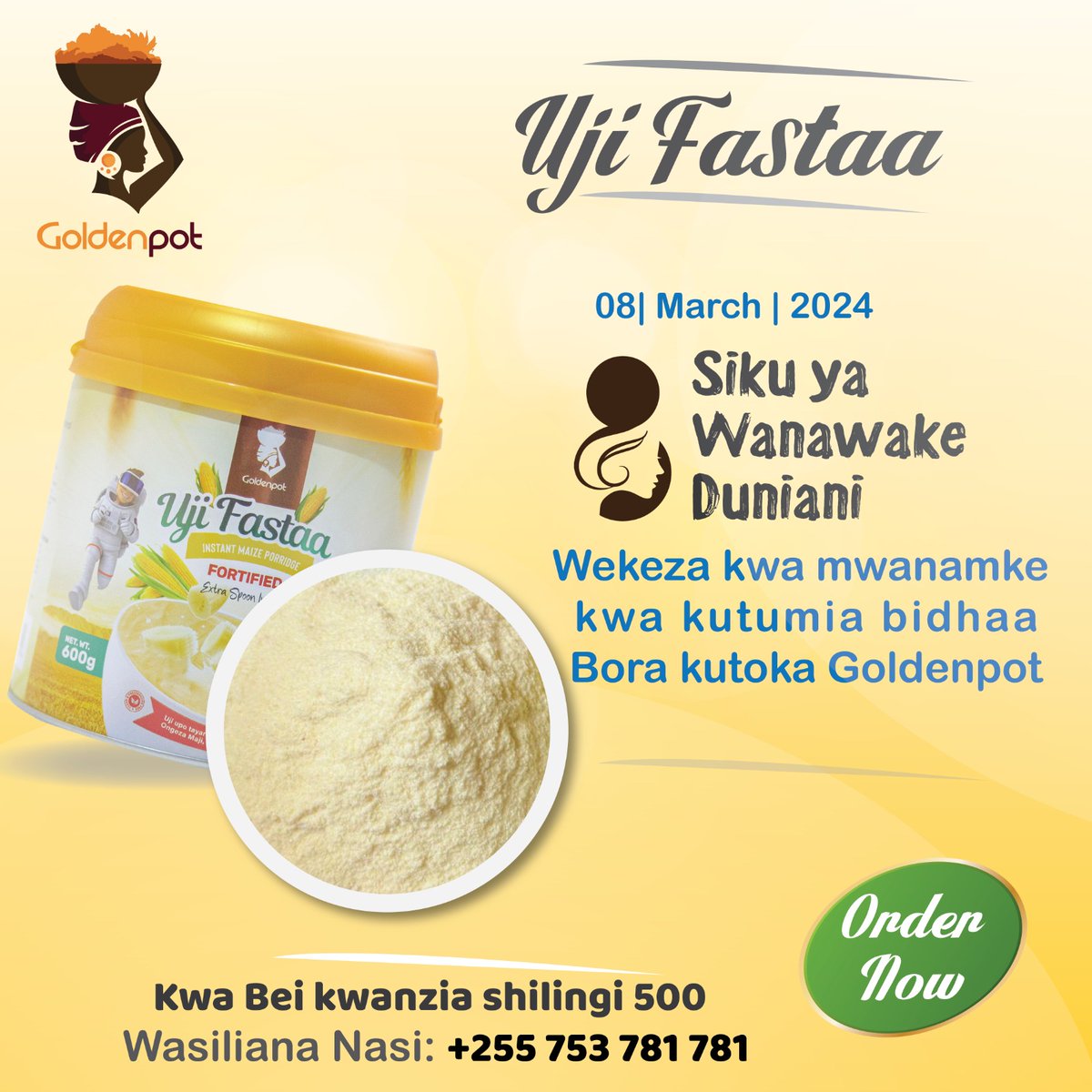 Kheri ya Siku ya Wanawake Duniani
Wekeza kwa mwanamke karibu kutumia bidhaa Bora kutoka Goldenpot Limited.

Tupigie kwa no:0753 781 781