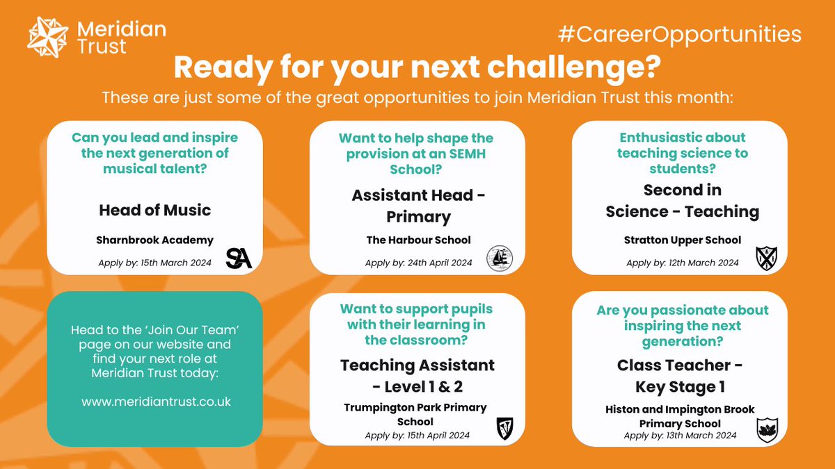 Are you ready to make a difference in the world of education? Look no further! Here is this month's snapshot of some of the exciting career opportunities available here. Visit our vacancies page to explore - bit.ly/48FX6a4 #CareerOpportunities #MeridianTrust