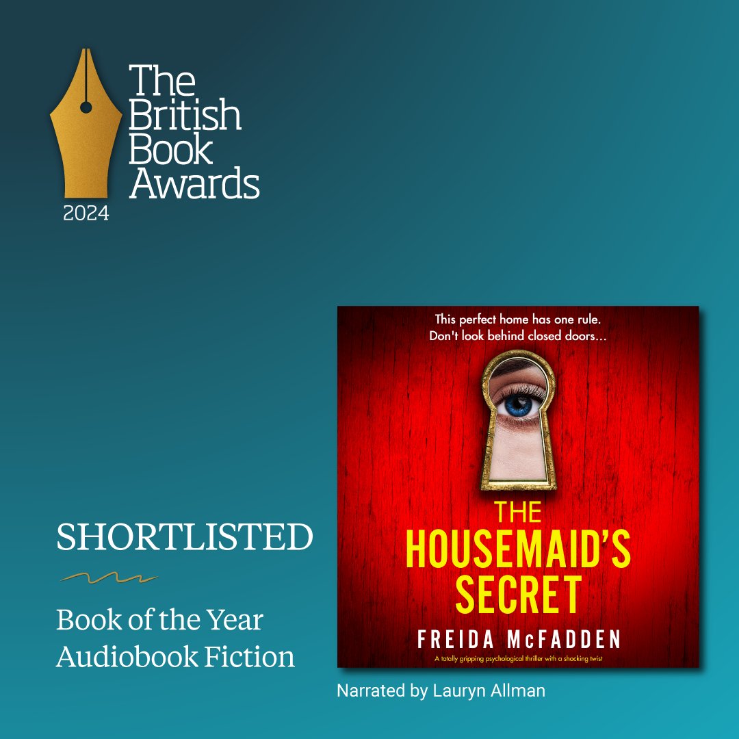 YAY! We're so excited to share that The Housemaid's Secret by @Freida_McFadden has been shortlisted as Audiobook (Fiction) of the Year at The British Book Awards! Congratulations, Freida! ✨ thebookseller.com/awards/the-bri… #Nibbies #BritishBooksAwards