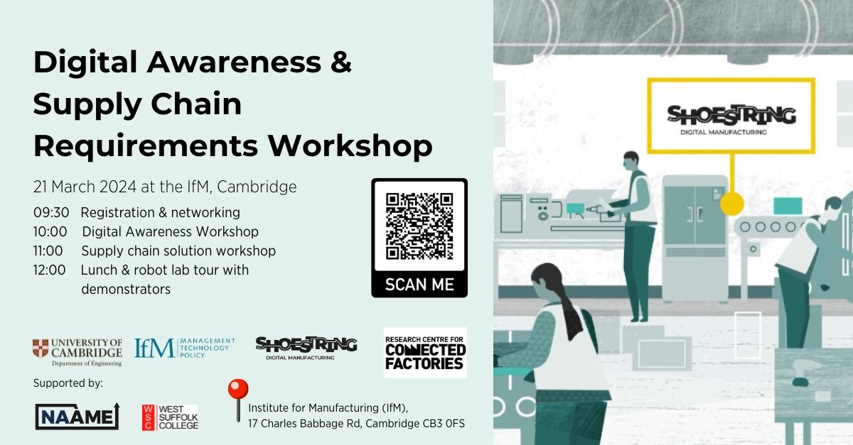 📱🛜 How can low-cost tech help solve key business challenges? 🗓️Join @dmshoestring's workshop, Cambridge, 21 Mar, 10:00-12:00 ✅identify low-cost solutions which address your business needs ✅explore solutions for sharing data in your supply chain Book➡️bit.ly/dms-march