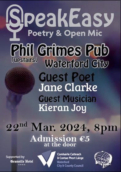 The first @SpeakEasyWford2 of the year. Guest poet the wonderful @jane_janeclarke and musician Kieran Joy. You know the drill; come along, read, listen, enjoy. Friday 22nd March.