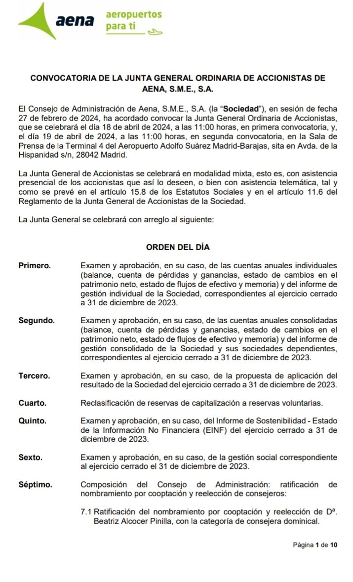 @aena convoca JGA el 18 de abril de 2024 a las 11 horas en 1° convocatoria, y al día siguiente a la misma hora y en 2° convocatoria.

Se someterá a aprobación el incremento del 61% de su dividendo.

Este es el orden del día 👇🏼

$AENA #OperationSeaLion