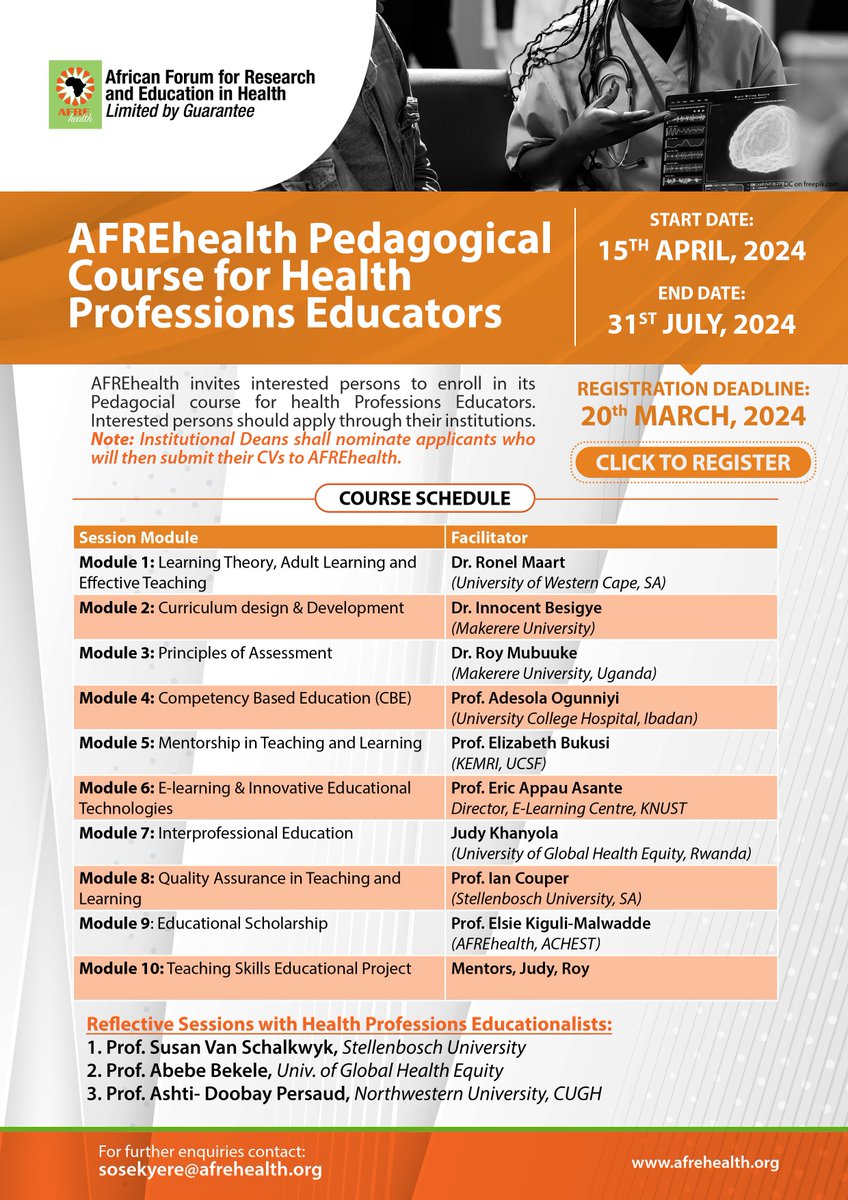 AFREhealth invites interested persons to enroll in its Pedagocial course for Health Professions Educators. Interested persons should apply through their Institutions. Institutional Deans shall nominate applicants who will then submit their CVs to AFREhealth. Register here