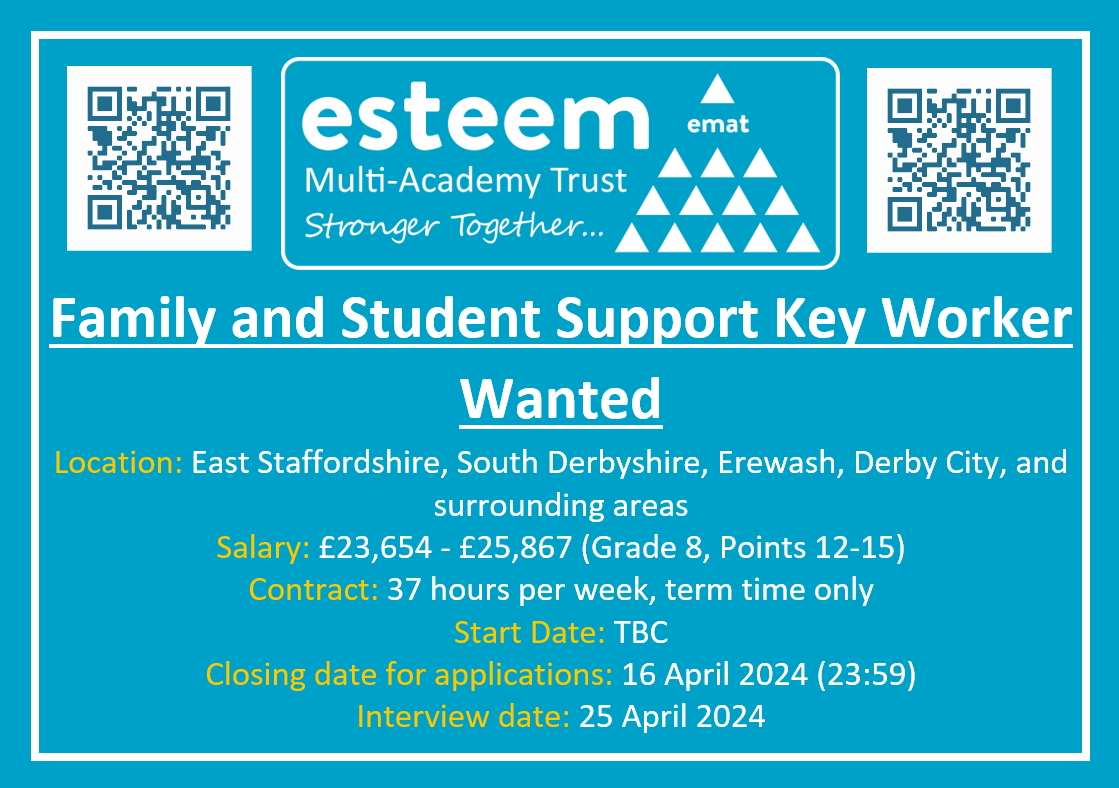 JOB OPPORTUNITY: Family and Student Support Key Worker

For info and to apply; esteemmat.co.uk/vacancies

#jobvacancyuk #derbyshirejobs #staffordshirejobs #derbyjobs #educationjobs #familysupport #vacanciesuk #hiringnow #education #derbyshire #staffordshire #derby #esteemmatjobs