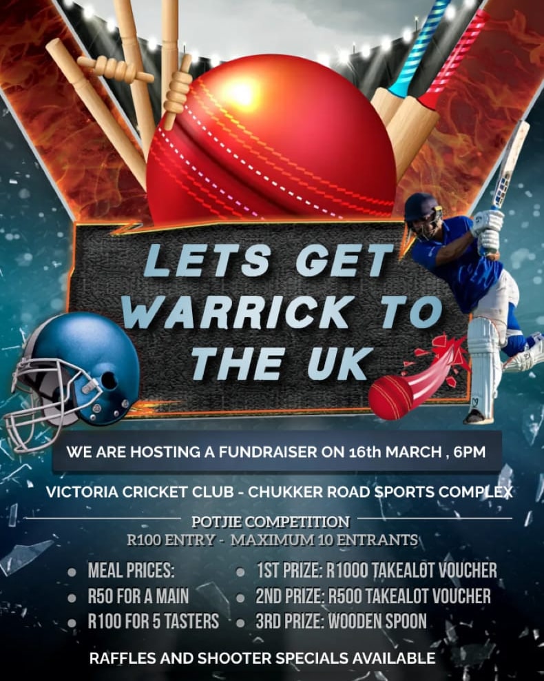 Lets Get Warrick To The UK!!!

The 16th of March is were you can showcase your potjie making skills.

DM if you would love to part take in this event!!!

#VBTID #ForTheFlame #LetsGetWarrickToTheUk
💙🏏🇬🇧