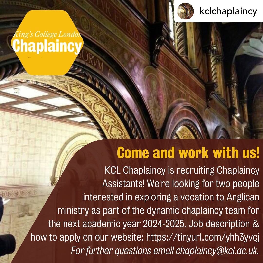 KCLChaplaincy's tweet photo. If you would like to explore vocation to Anglican ministry in a friendly and inclusive environment then this may be for you! We are looking for two new Chaplaincy Assistants for the next academic year 2023-2024. Applications will close on 13 March. See our linktree ⬆️ https://t.co/CtwOSseVmF