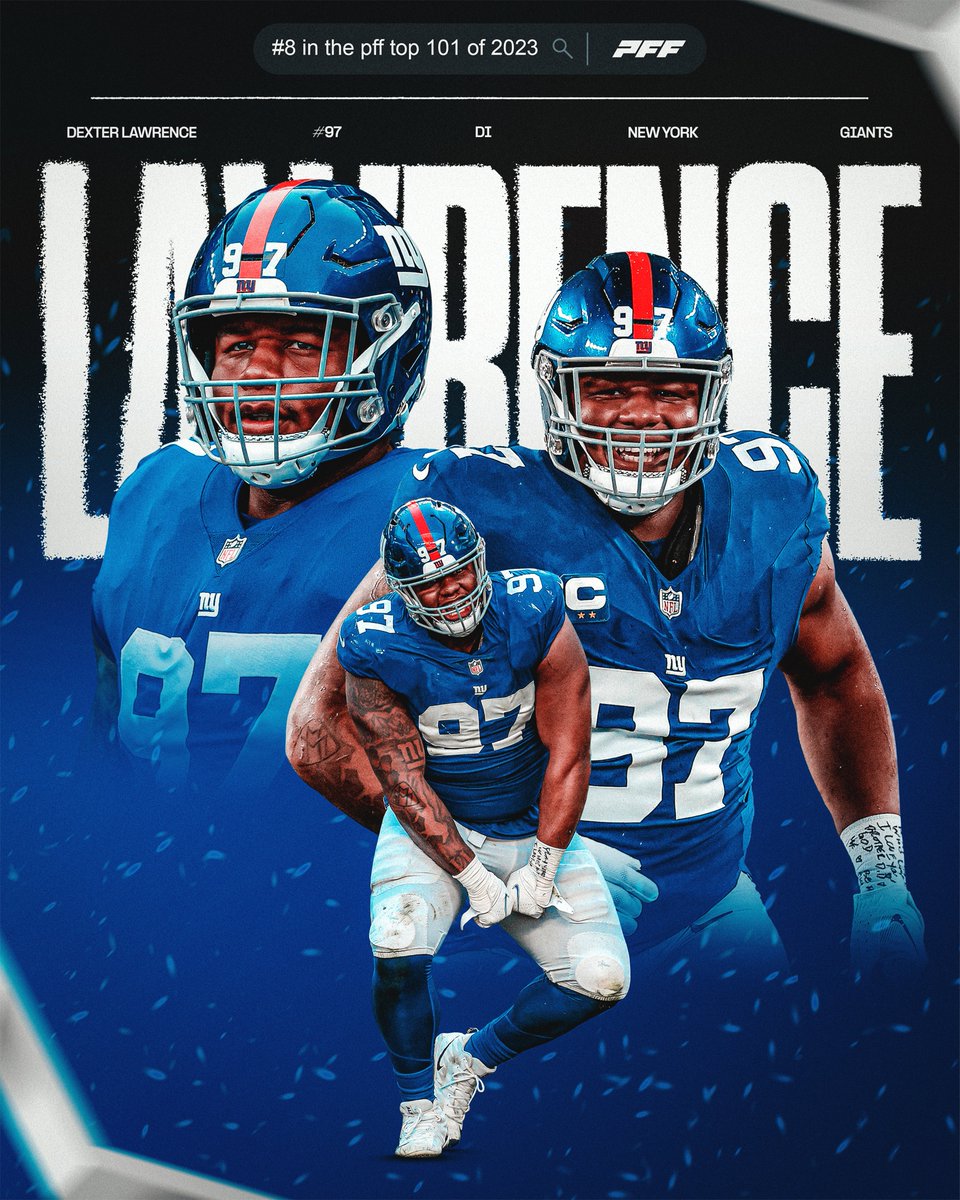 PFF's tweet photo. Dexter Lawrence:

- 89.5 run defense grade (3rd among DI)
- 92.6 pass rush grade (1st among DI)

No. 8 on PFF's 101 best players from the 2023 season https://t.co/s3Dl14ixVZ