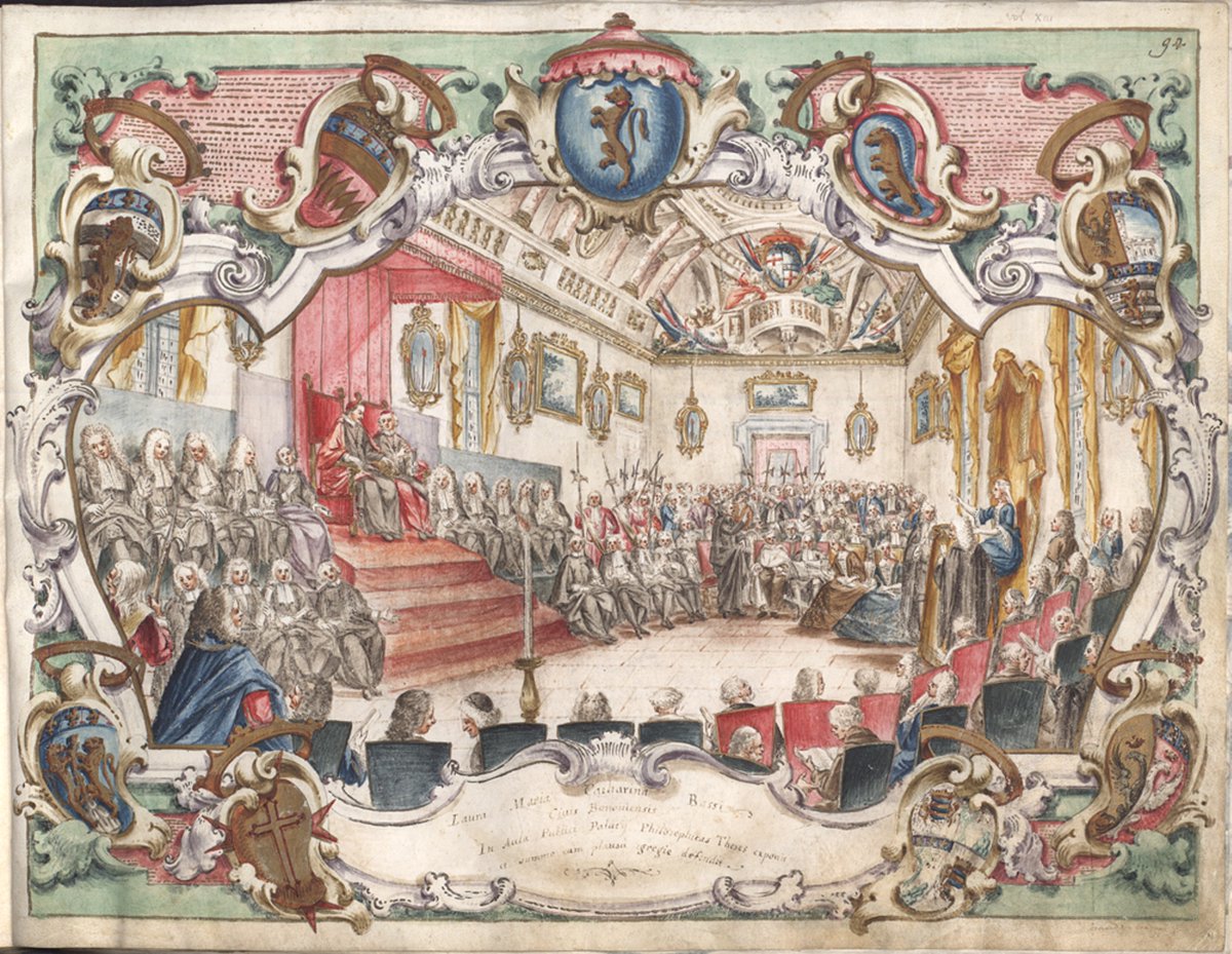 On 20 March 1732, Laura Bassi (1711–1778) became the first woman admitted to the Academy of the Institute for Sciences in Bologna. Here she defends her thesis. #InternationalWomensDay