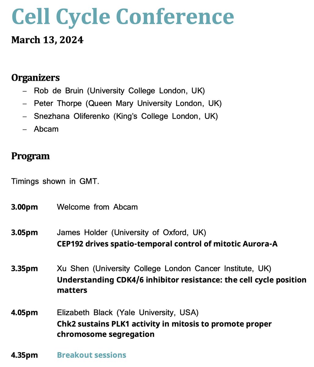 DeRobertus's tweet photo. 6 breakout talks added!!

Virtual Cell Cycle Club meeting: Wednesday March 13

3 Selected talks: Gergely, Mittnacht &amp; @KabecheLab
6 talks in the Breakout Session
1 Keynote:@JanSkotheim

Please REGISTER as soon as possible for this FREE event @abcam
https://t.co/5VCr6bFv5Q…
📷 https://t.co/gMbrgP70rO