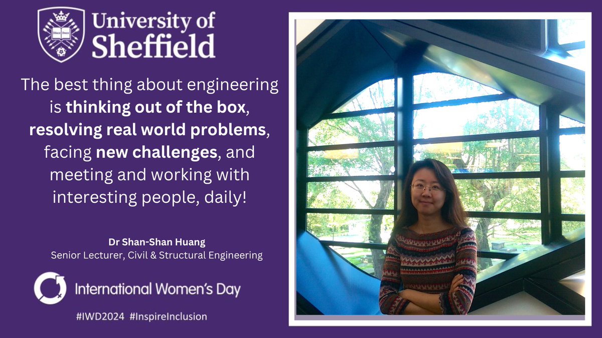 Happy #IWD2024 !! 😍We asked our engineers what they love about engineering & this is what Dr Shan-Shan said🥰Visit our Wall for more incredible female engineers: sheffield.ac.uk/engineering/ab… 😀#InspireInclusion #WomenInEngineering #CivilEngineering