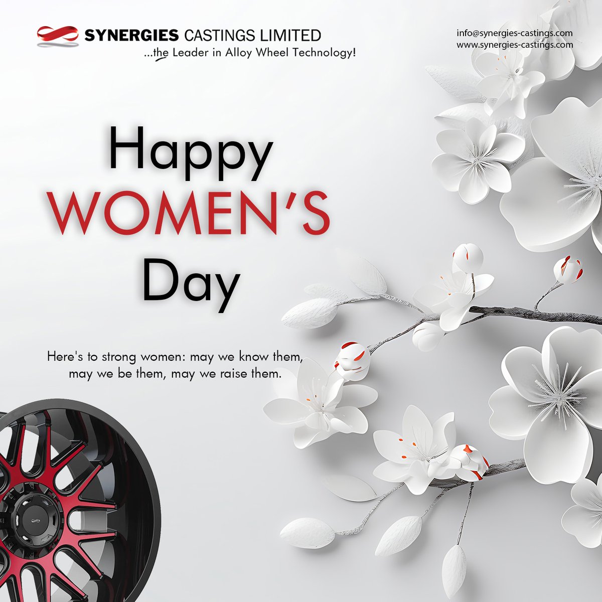 Today, we honor the courage, grace, and achievements of women everywhere. Happy Women's Day.

#alloywheelmanufacturersinindia #precisionalloycarwheelmanufacturer #worldclassalloywheels #chromewheels #specialalloywheelsforevs #synergies #synergiescastings #wheelsmanufacturing