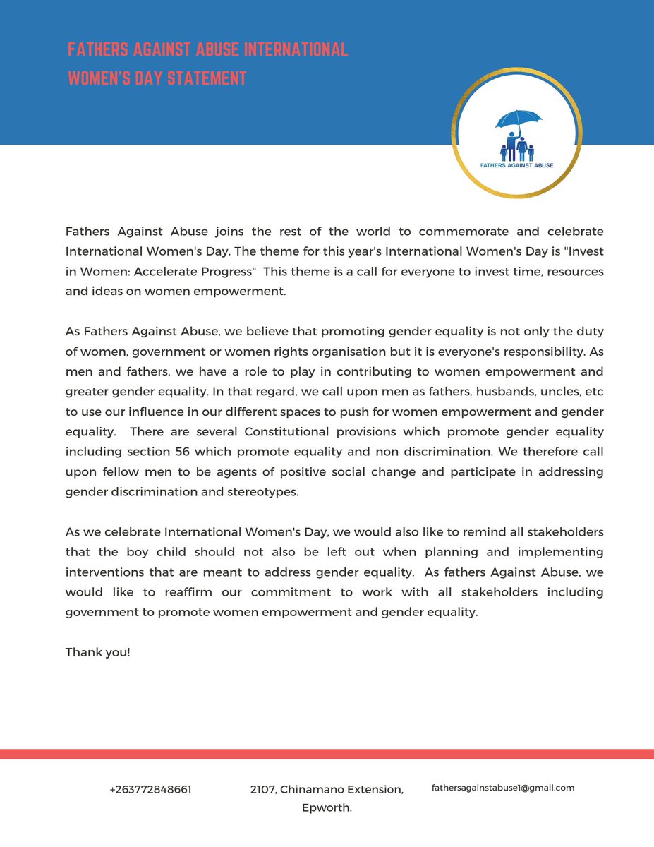 Fathers Against Abuse statement on International Women's Day. We call upon men to be active participants in the promotion of gender equality! @AWET_Apostolic @ChisungoTrust @DeafZimTrust @GoalZimbabwe @NLinZimbabwe @NLinZimbabwe @SwedeninZW