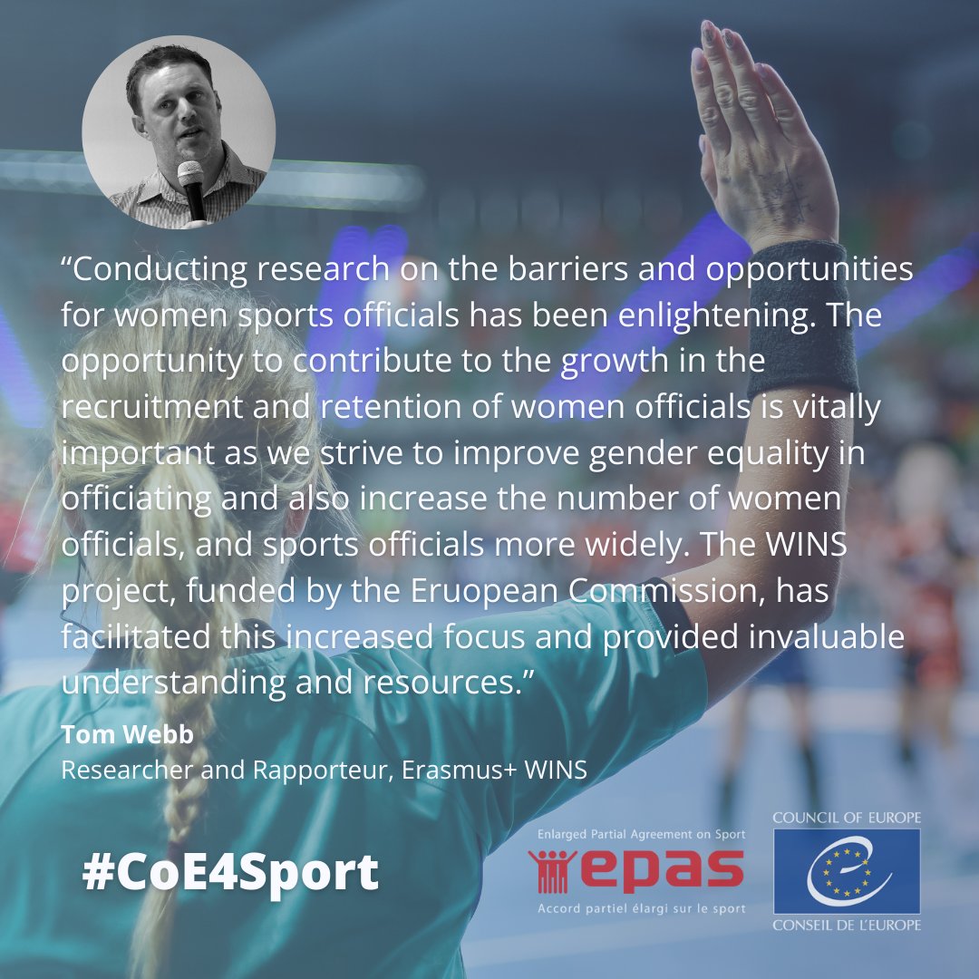 Striving to improve gender equality in officiating and also increase the number of women officials –

<a href="/DrTomWebb/">Dr Tom Webb</a>, Researcher and Rapporteur, Erasmus+ WINS <a href="/EUErasmusPlus/">Erasmus+</a> <a href="/covcampus/">Coventry University</a>, on shedding light on inequalities and officiating through the WINS project

#CoE4Sport