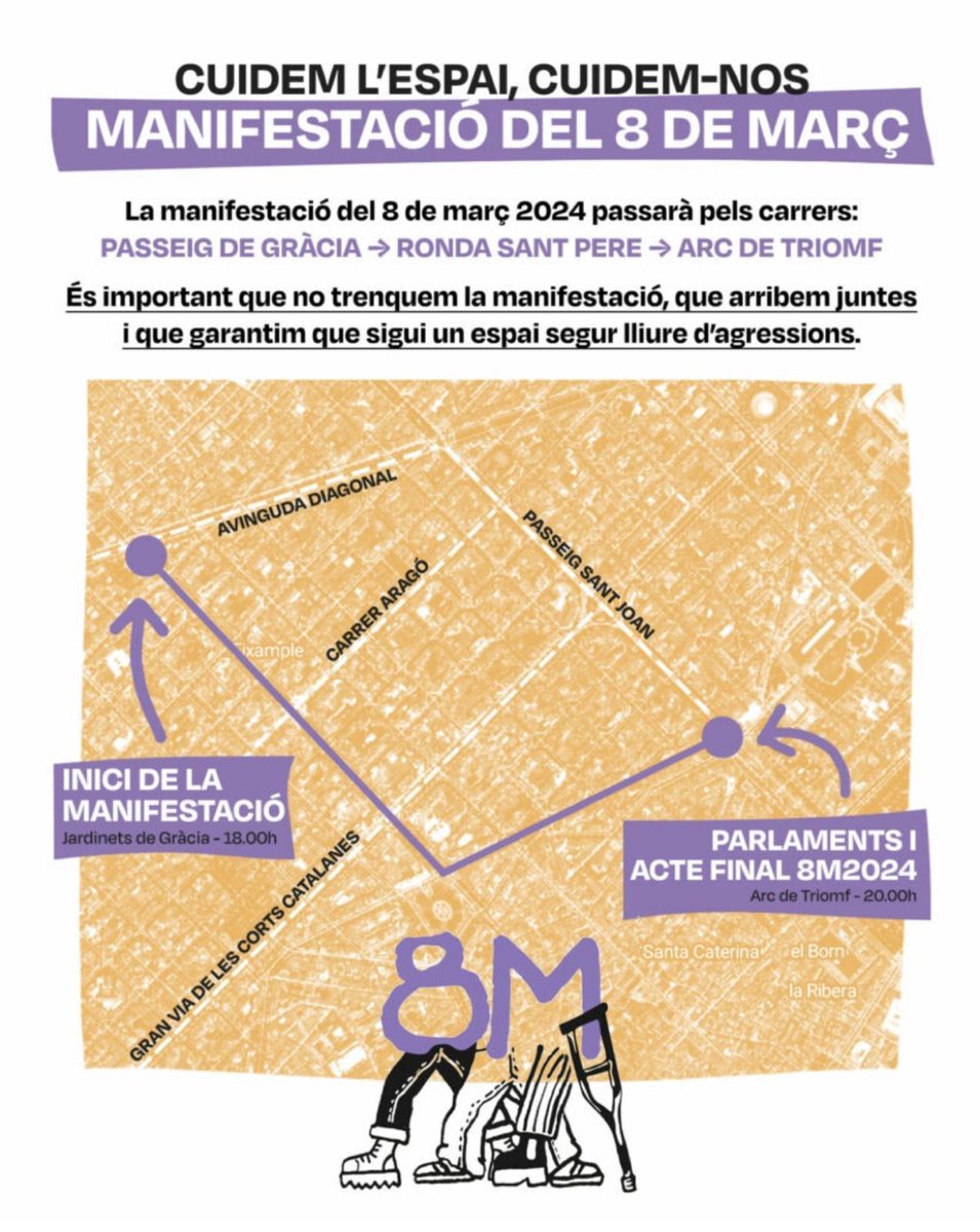 evelyn7am's tweet photo. Este será el recorrido de la marcha feminista hoy #8marzo2024 en #Barcelona. La manifestación partirá a las 6 pm desde "Jardinets de Gràcia". Les dejo más info en las imágenes y varias consignas para cantar ✊🏽💜 https://t.co/g9YUFfKxqJ