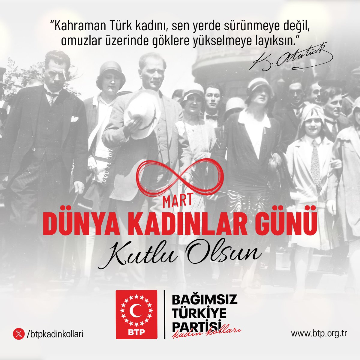 "Ey kahraman Türk kadını, sen yerde sürünmeye değil, omuzlar üzerinde göklere yükselmeye layıksın."
Mustafa Kemal Atatürk

"Türk kadını sokakta dilenmeye değil, baş tacı olmaya layıktır."
Prof. Dr. Haydar Baş

#8MartDünyaKadınlarGünü Kutlu Olsun

#8Mart2024 #Atatük #HaydarBaş