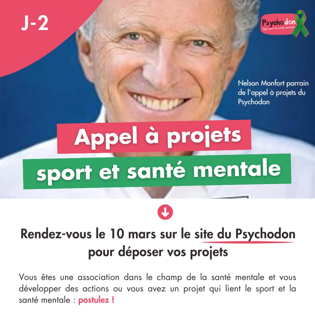 J-2 avant l'ouverture de l’appel à projets du Psychodon 2024 : « Sport et Santé Mentale ». Toutes les informations sur le site du Psychodon.  #psychodon #appelaprojets #sport #santé #nelsonmonfort #mentale psychodon.org