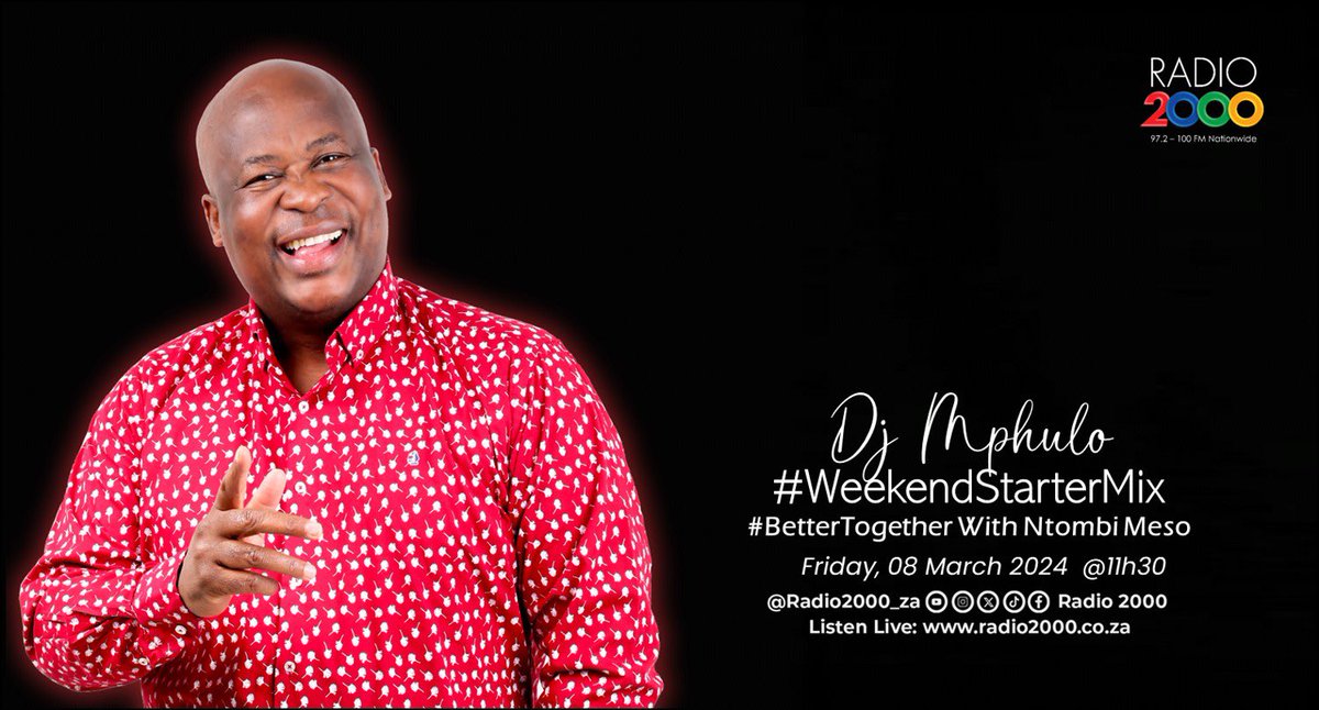 Radio2000_ZA's tweet photo. Our very own DJ Mphulo is in the mix this morning on the #WeekendStarterMix 

Enjoy the mix and have yourselves a fantastic weekend 🎶🎶

#BetterTogether #Radio2000 https://t.co/K2UBGB3aQA